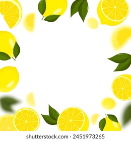 Lemon falling from different angles. Lemon citrus background. Flying Lemon with green leaf on transparent background. Focused and blurry fruits. Realistic 3d vector illustration.