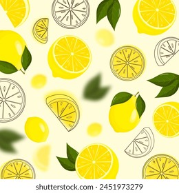 Lemon falling from different angles. Lemon citrus background. Flying Lemon with green leaf on transparent background. Focused and blurry fruits. Realistic 3d vector illustration.