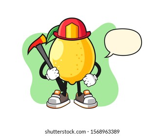 Lemon firefighter with speech bubble cartoon. Mascot Character vector.