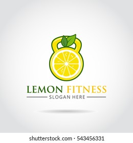 Lemon fitness logo template. barbel and lemon concept. lemon and leaf.