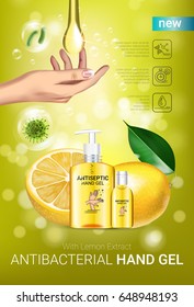 Lemon flavor Antibacterial hand gel ads. Vector Illustration with antiseptic hand gel in bottles and lemon elements. Vertical poster.