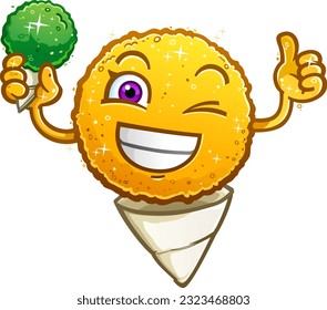 Lemon flavored shaved ice snow cone giving an enthusiastic thumbs up and a cute wink and a toothy smile on a warm summer day