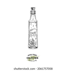 Lemon flavoured olive oil bottle, hand drawn retro vector illustration. Template for packaging label and card design, vintage sketch on white background.