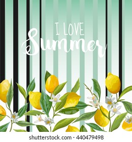 Lemon Floral Background. Vintage Pattern. Vector Summer Fruits, Flowers and Leaves.