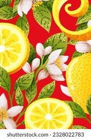 Lemon flowers. Fruit citrus background, abstract botanical art pattern, decoration poster with blossom plants, texture card. Vector design background 