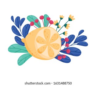 Lemon with Flowers and Leaves Behind Vector Composition
