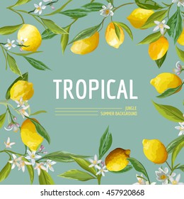 Lemon, Flowers and Leaves. Exotic Graphic Tropical Banner. Vector Frame Background.