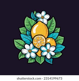 lemon, flowers and leaves, tropical illustration