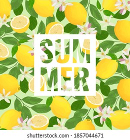 Lemon flowers and leaves vector background, exotic graphic tropical banner