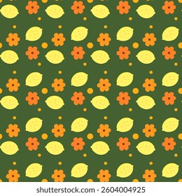 Lemon, Flowers on green background, Fabric pattern, Wrapping paper, Seamless pattern