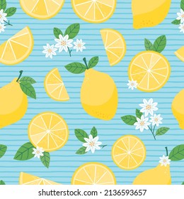 Lemon and flowers pretty vector seamless pattern with striped blue background, for wallpaper, backdrop, textile, fabric, bright, fun, colourful