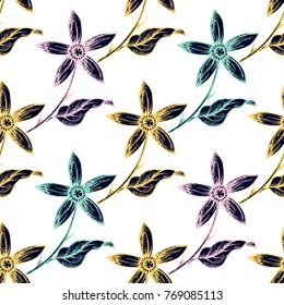 Lemon flowers seamless pattern in vintage stippling style. Hand drawn. Vector illustration. Design for food, cosmetics, medicinal, homeopathy products and more. All over print.