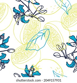 Lemon and flowers with a sprig of citrus tree. Leaves. Floral pattern. Blue and yellow colors. On white background. Hand drawing for textiles, packaging.