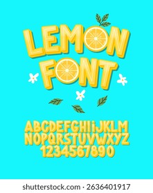 Lemon Font. Citrus Summer Alphabet. Fruity Letters and Numbers. 