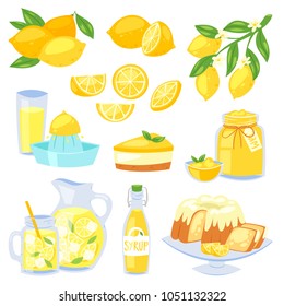 Lemon food vector , yellow citrus fruit and fresh lemonade or natural juice illustration set of lemon cake with jam and citric syrup isolated on white background