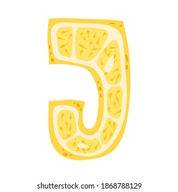 Lemon in a form of letter J - fruit lettering design. Vector illustration.