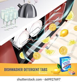 Lemon fragrance dishwasher detergent tabs ads. Vector realistic Illustration with dishwasher in kitchen counter and detergent package. Poster