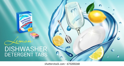 Lemon fragrance dishwasher detergent tabs ads. Vector realistic Illustration with dishes in water splash and citrus fruits. Horizontal banner