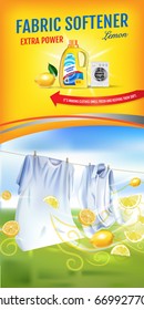 Lemon fragrance fabric softener gel ads. Vector realistic Illustration with laundry clothes and softener rinse container. Vertical banner