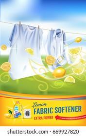 Lemon fragrance fabric softener gel ads. Vector realistic Illustration with laundry clothes and softener rinse container. Vertical poster