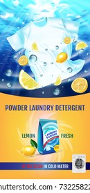 Lemon fragrance Laundry detergent ads. Vector realistic Illustration with t-shirt is washed in water and product package. Vertical banner