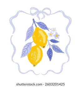 Lemon frame with bow. Summer vintage italian fruit with blue leaves. Simple food design illustration. Doodle pastel lemon with bow ribbon background. Menu card pattern. Vector sketch abstract frame bg