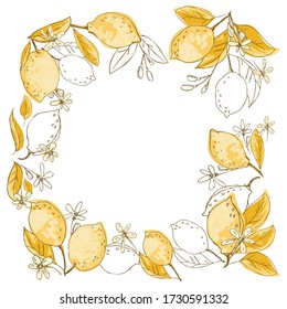 Lemon. Frame of flowering branch with tropical fruits and leaves. Background design for packaging, paper, textile, eco products. Vector graphics in hand-drawn style. Doodle illustration.