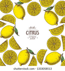 Lemon frame. Fresh citrus collection. Hand drawn vector illustration. Organic food, citrus design template. Colored illustration