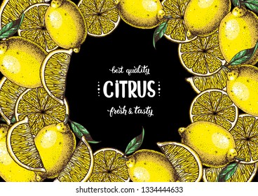 Lemon frame. Fresh citrus collection. Hand drawn vector illustration. Organic food, citrus design template. Colored illustration 