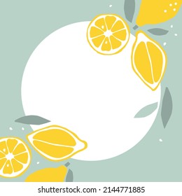 Lemon frame. Fruits with leaf hand drawn sketch isolated. Border with Whole fruit and cut half. Frame of fresh lemons. Silhouette vector illustration. Natural template for menu, card with copy space