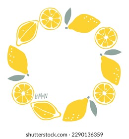 Marco de limón. Borde de fruta redonda. Marco aislado de corona de limón con espacio de copia. Fondo de verano Para afiche, pancarta, portada, invitación, diseño de embalaje, marca. Marco redondo de frutas. Fruto de verano