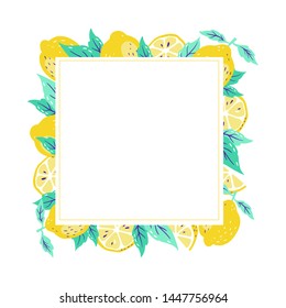 Lemon frame vector drawing. Citrus fruit, leaves, sliced lemons engraved square label template. Hand drawn summer illustration. Great for tea, juice, natural cosmetics, lemonade