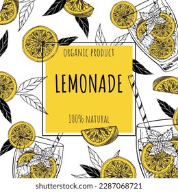 Lemon frame vector drawing. Citrus fruit square label template. Hand drawn summer illustration. Packaging design concept. Great for tea, juice, natural cosmetics, lemonade
