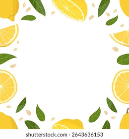  Lemon frame. Vector hand drawn illustration. Isolated on white background. Frame with lemons and leaves.