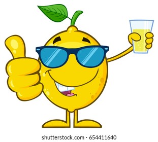 Lemon Fresh Fruit With Green Leaf Cartoon Mascot Character With Sunglasses Holding A Glass Of Lemonade And Giving A Thumb Up. Vector Illustration Isolated On White Background