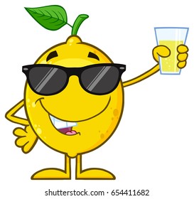 Lemon Fresh Fruit With Green Leaf Cartoon Mascot Character With Sunglasses  Holding Up A Glass Of Lemonade. Vector Illustration Isolated On White Background