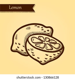 Lemon, fresh fruits. Retro style. Easily editable vector. Vegetable on the yellow retro background. Isolated vector.