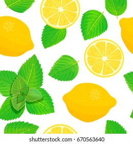 Lemon and Fresh mint leaves theme. Seamless pattern vector collection of realistic fruits and slices. Bright and vivid. for cosmetics, prints, textile, banners, textile, decoration