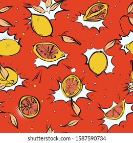 Lemon fresh pop art  pattern modern juicy citrus fruit, comic style art, carton food print on contrast orange background. 