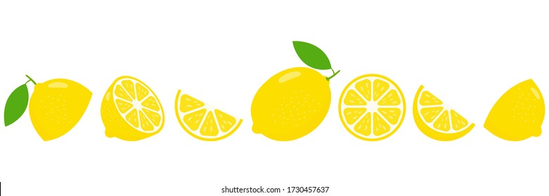 Lemon fresh slices set. Cut lemons fruit slice for lemonade juice or vitamin c logo. Citrus icons vector illustration isolated on white background.