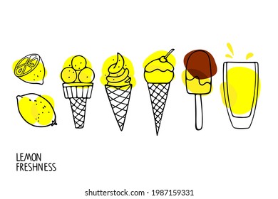 Lemon freshness Set. Different ice screm types, lemonade and lemon fruit Hand drawn sketch. Delicious summer desserts. Bright summertime sweet food. Vector for cafe, restaurant menu, t-shirt, wallart