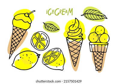 Lemon freshness Set. Different ice cream types, lemon fruit, mint leaves Hand drawn sketch. Delicious summer desserts. Bright summertime sweet food. Vector for cafe, restaurant menu, t-shirt, wallart.