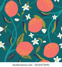 Lemon fruit background seamless pattern. Vintage orange fruit wallpaper.