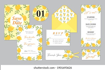 Lemon fruit background template. Vector set of lemon element for wedding invitations, greeting card, envelope, voucher, brochures and banners design.