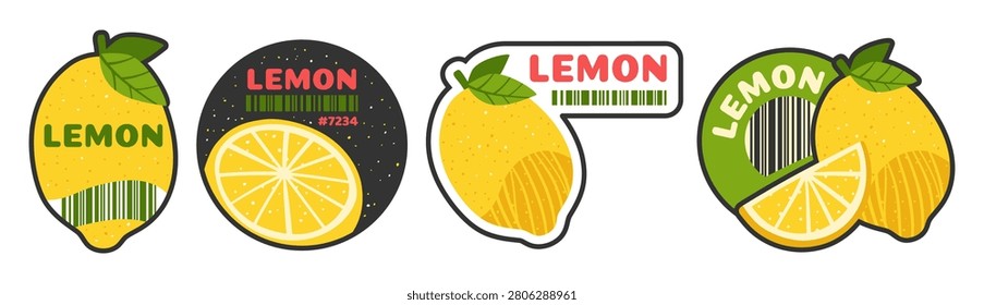 Lemon fruit barcode label set. Trendy retro badges with organic fresh quality tag for supermarket, farm shop and grocery store packaging. Cartoon flat sticker tropical design. Vector illustration art