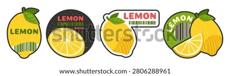 Lemon fruit barcode label set. Trendy retro badges with organic fresh quality tag for supermarket, farm shop and grocery store packaging. Cartoon flat sticker tropical design. Vector illustration art