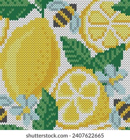 Lemon fruit and bee knitted seamless pattern. Exotic floral background. Vector illustration for knitwear design