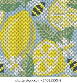Frutos de limón y estampado de abejas de punto. Fondo de arte de píxeles de cítricos exóticos. Ilustración vectorial para el diseño de ropa de punto.