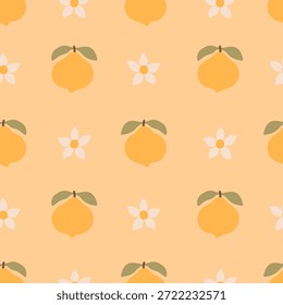 Patrón sin fisuras de flor de limón. Fondo de cítricos amarillos dibujado a mano brillante con flores y hojas blancas. Moderno estilo minimalista recortado. Ilustración vectorial