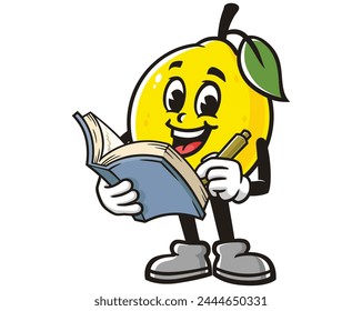 Lemon fruit with book cartoon mascot illustration character vector clip art hand drawn